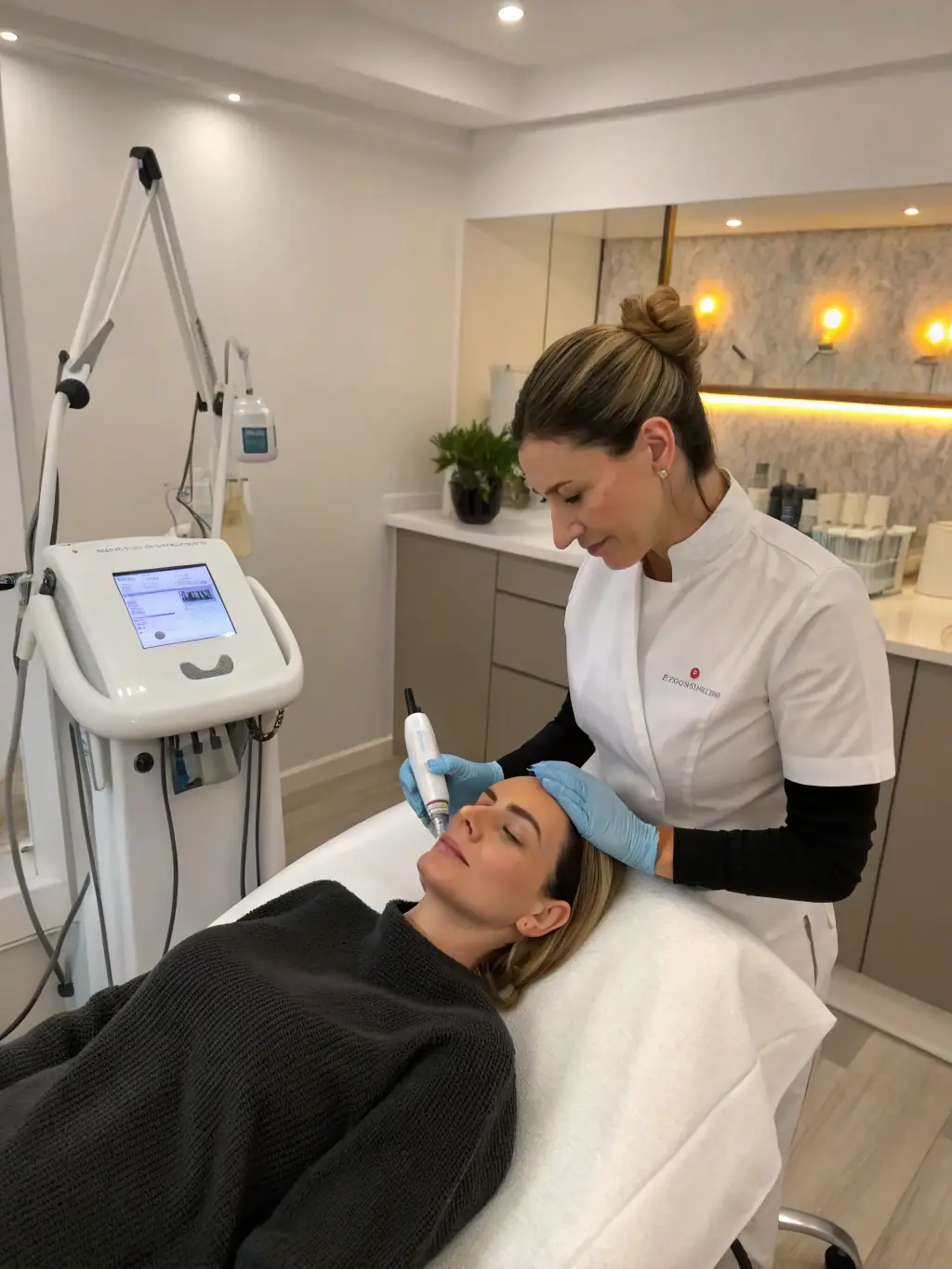 A beautician performing a specialized treatment on a client's skin, showcasing the advanced techniques used at Meytav Boutique.