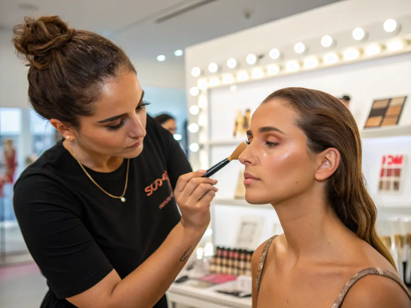 A close-up shot of a makeup artist demonstrating advanced contouring techniques on a model during a makeup course at Meytav Boutique. The focus is on the precision and skill involved in the application.