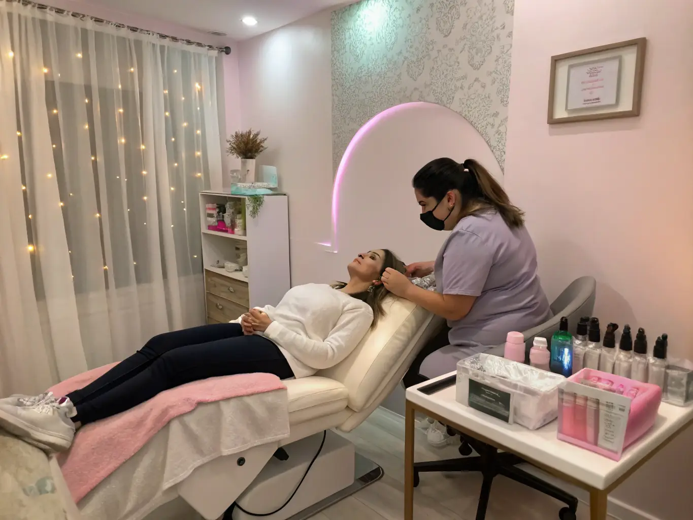 A beauty therapist performing eyelash extensions on a client, showcasing the precision and care involved in the process during an eyelash extension course at Meytav Boutique.